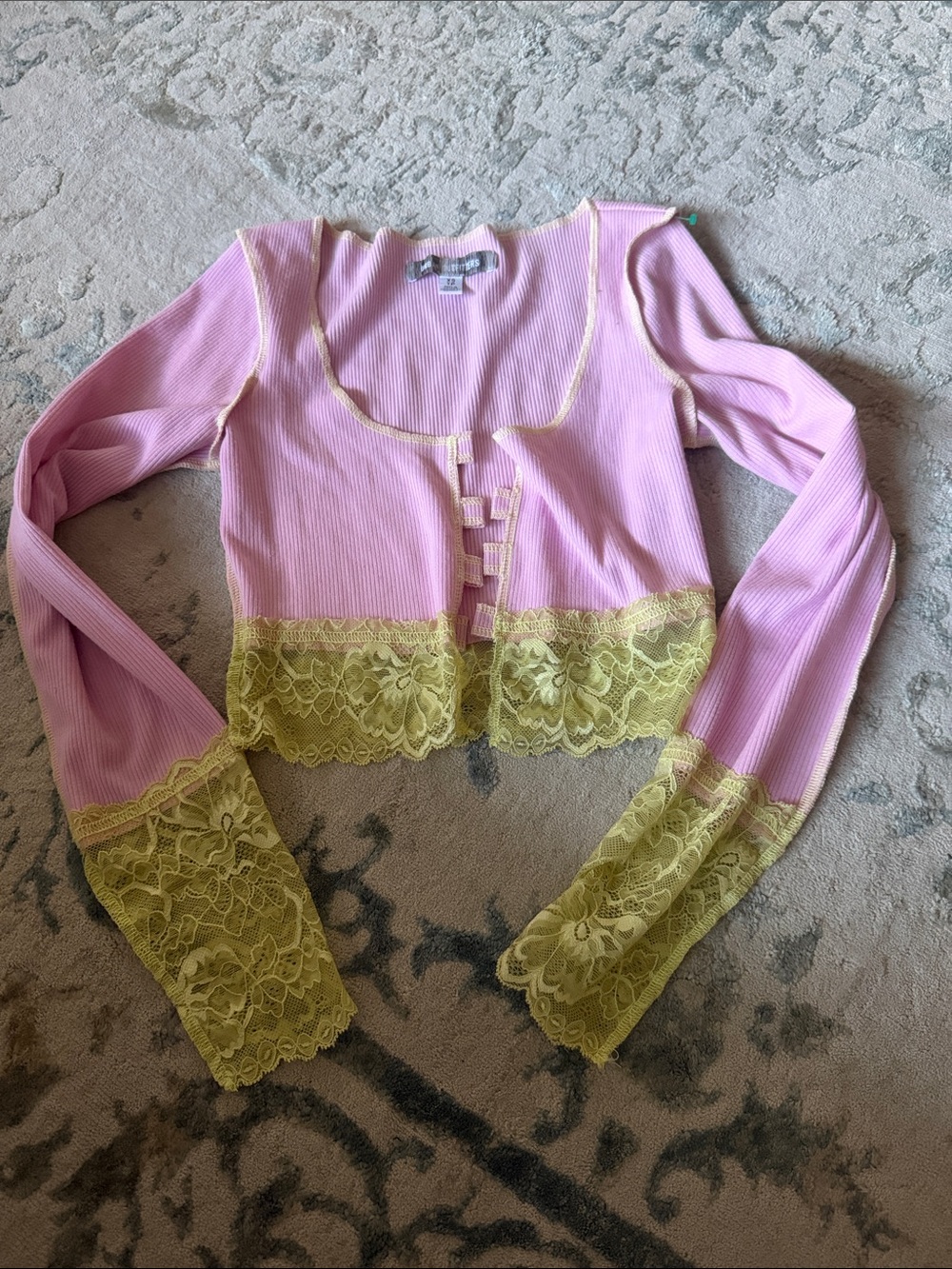 Urban Outfitters Pink Cropped Ribbed Top with Yellow Lace Trim